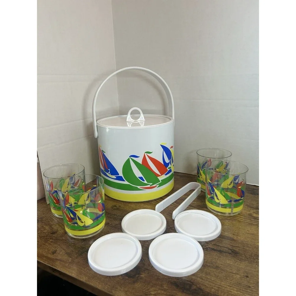 Vintage Sailboat Ice Bucket Set 4 Tumblers Coasters Tongs Primary Colors Taiwan